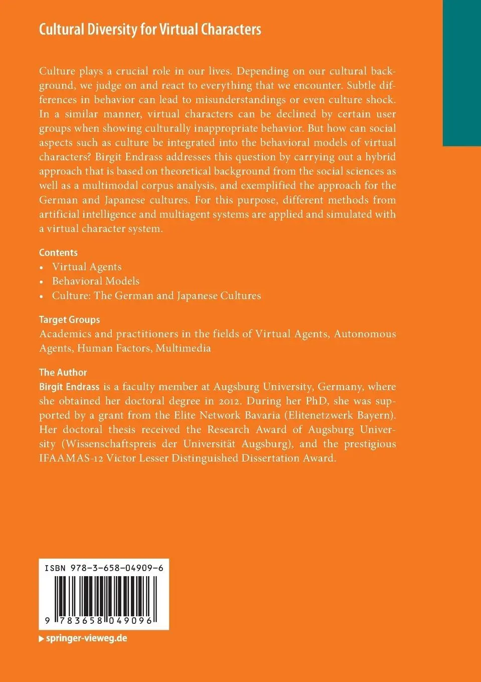 Rückseite: 9783658049096 | Cultural Diversity for Virtual Characters | Birgit Endrass | Buch