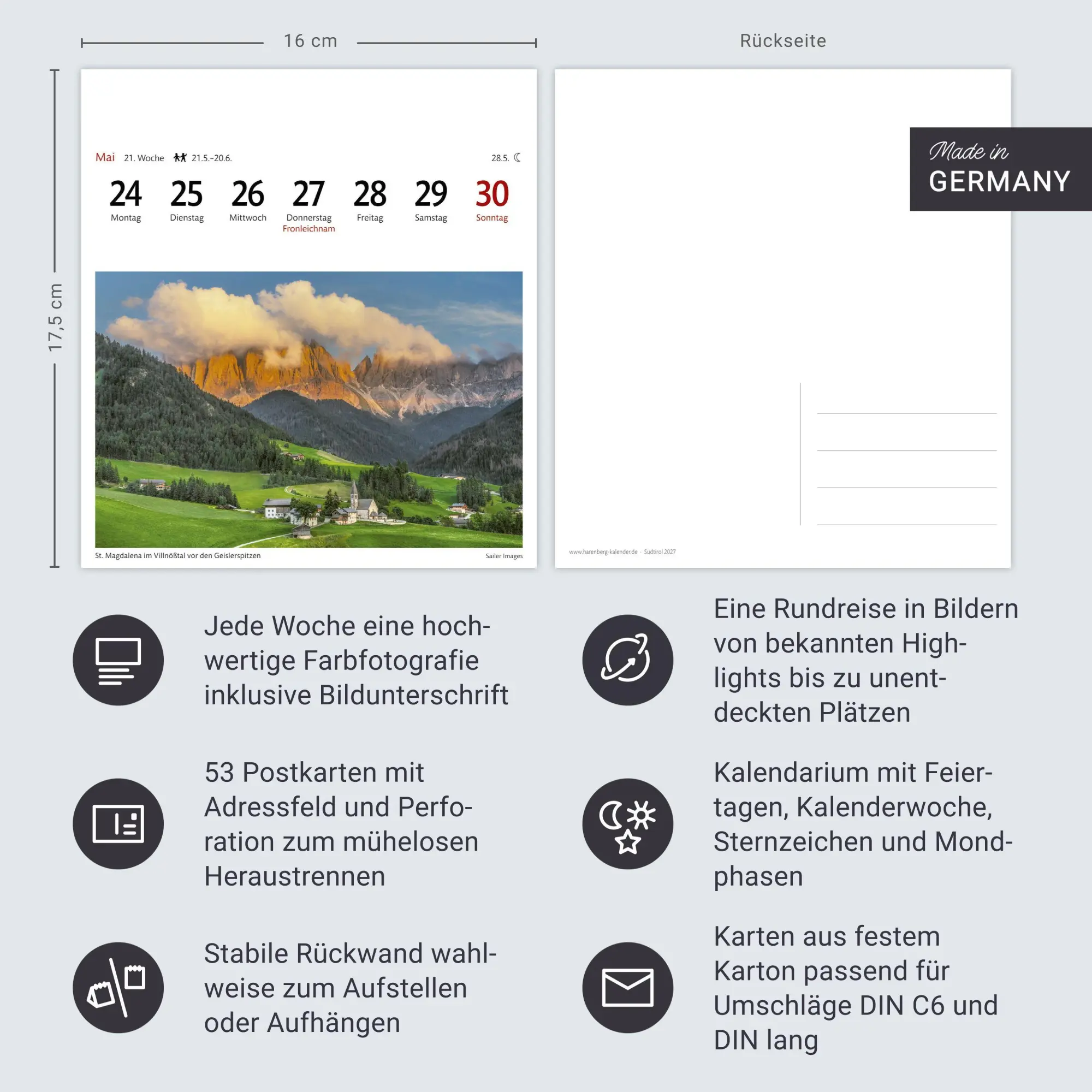 Bild: 9783840039096 | Südtirol Sehnsuchtskalender 2027 - Wochenkalender mit 53 Postkarten