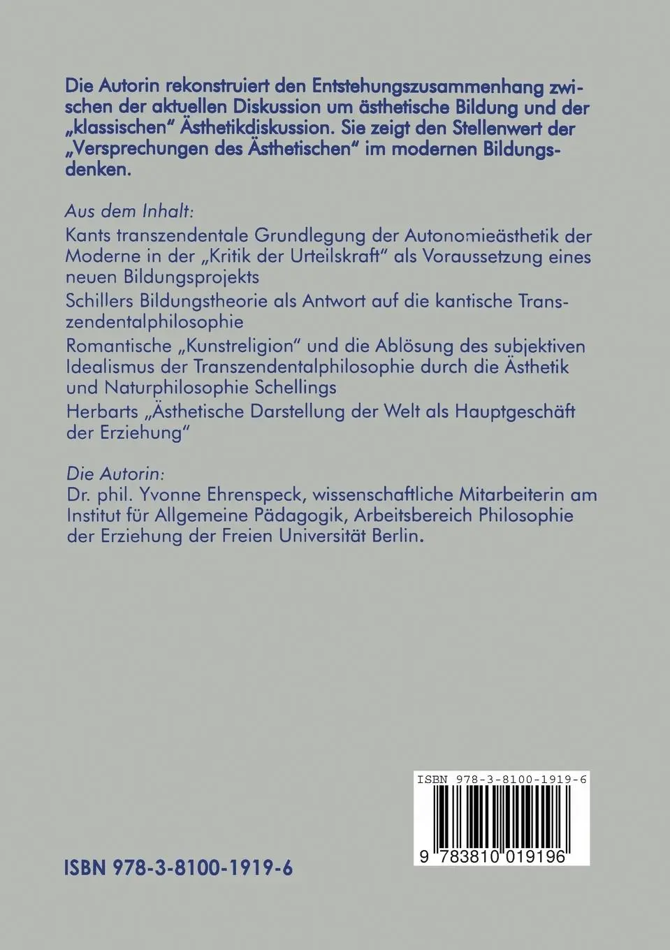 Rückseite: 9783810019196 | Versprechungen des Ästhetischen | Yvonne Ehrenspeck | Taschenbuch