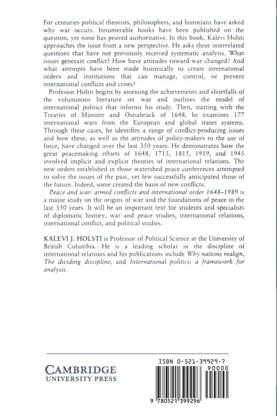 Rückseite: 9780521399296 | Peace and War | Armed Conflicts and International Order 1648-1989