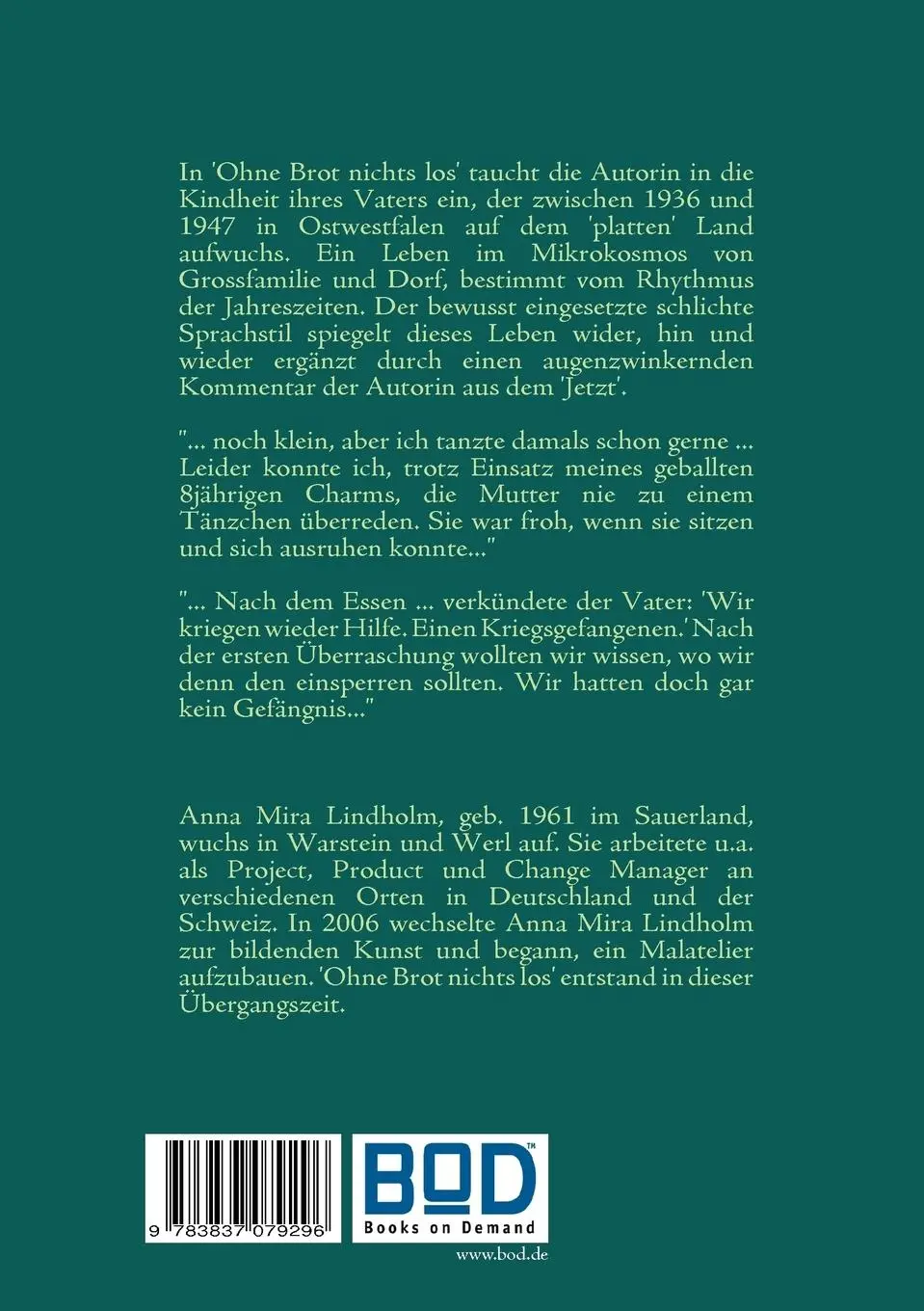 Rückseite: 9783837079296 | Ohne Brot nichts los | Anna Mira Lindholm | Taschenbuch | 156 S.