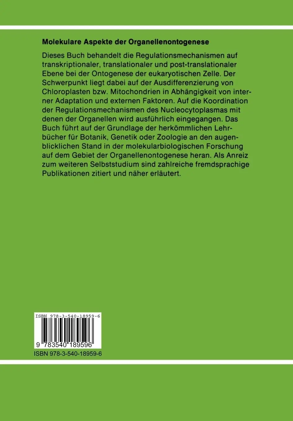 Rückseite: 9783540189596 | Molekulare Aspekte der Organellenontogenese | Peter Brandt | Buch