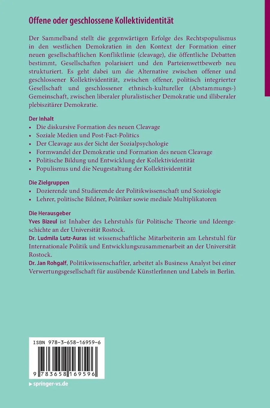 Rückseite: 9783658169596 | Offene oder geschlossene Kollektividentität | Yves Bizeul (u. a.) | ix
