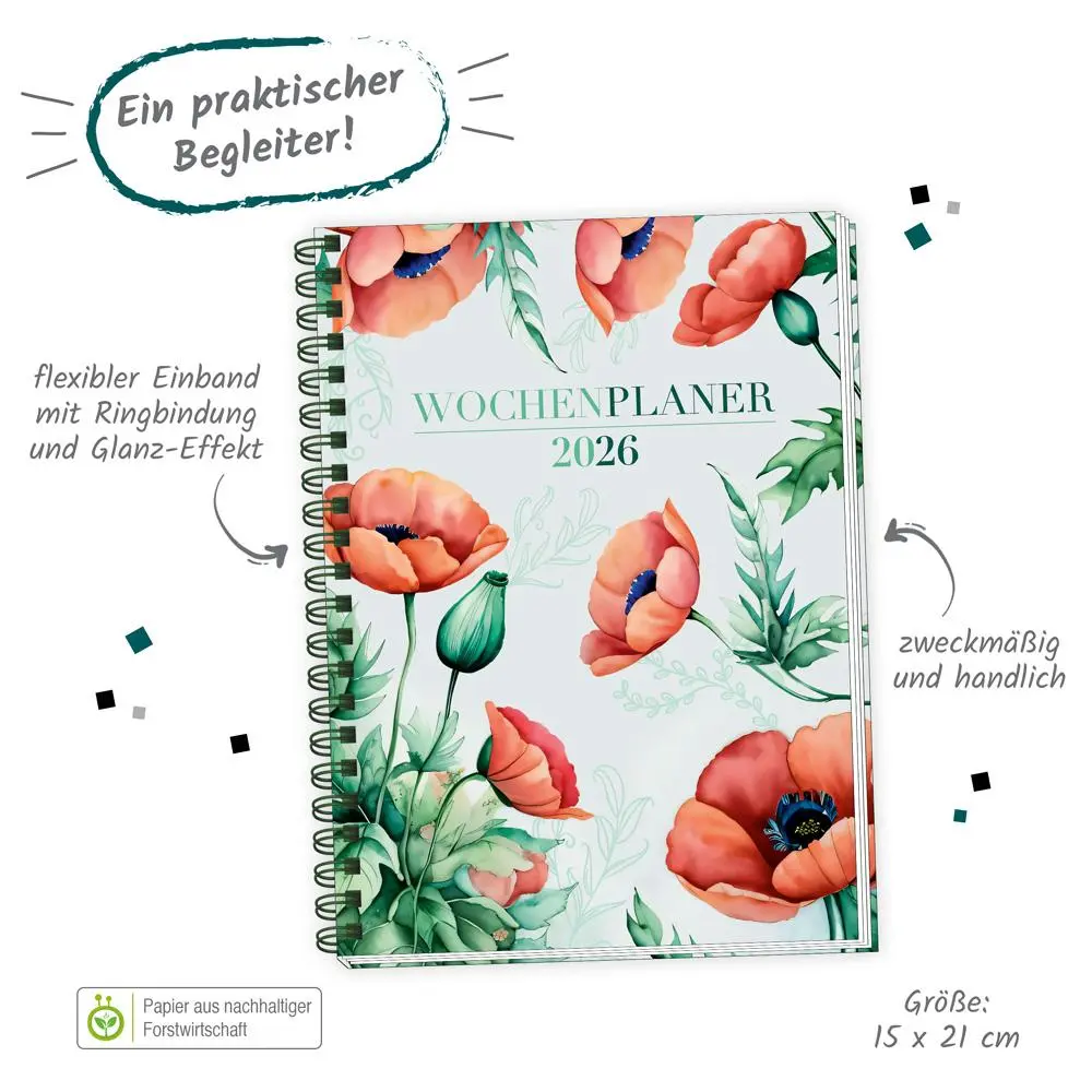 Bild: 4251901509796 | Trötsch Wochenplaner A5 mit Wire-O Blumen 2026 | Taschenkalender | KG
