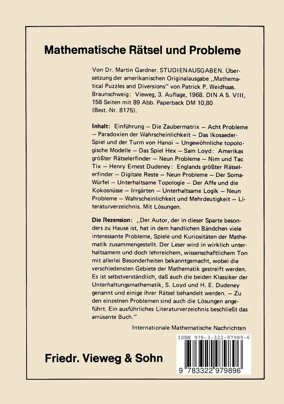 Rückseite: 9783322979896 | Unterhaltsame Mathematik | Neue Probleme - überraschende Lösungen