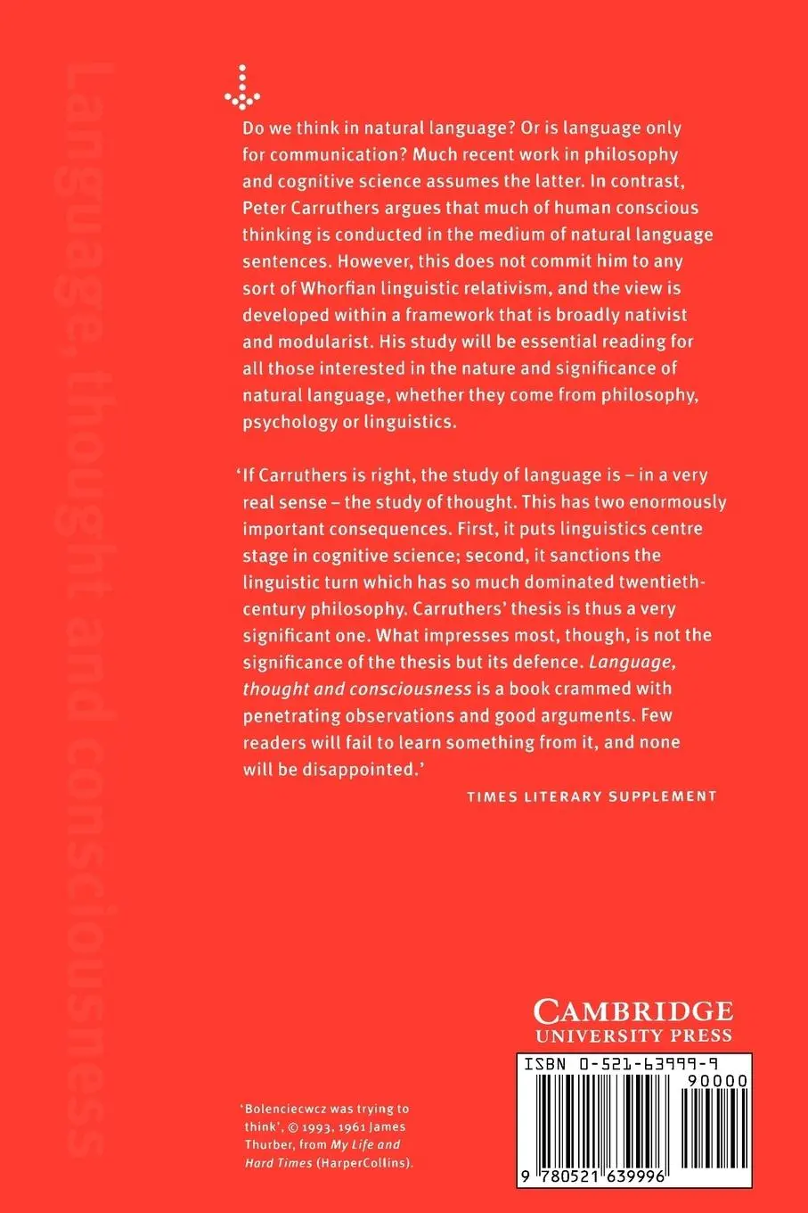 Rückseite: 9780521639996 | Language, Thought and Consciousness | Peter Carruthers | Taschenbuch