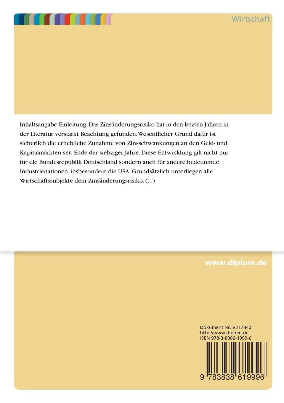 Rückseite: 9783838619996 | Zinsänderungsrisiko und Zinsterminkontrakte | Volker Piepelow | Buch