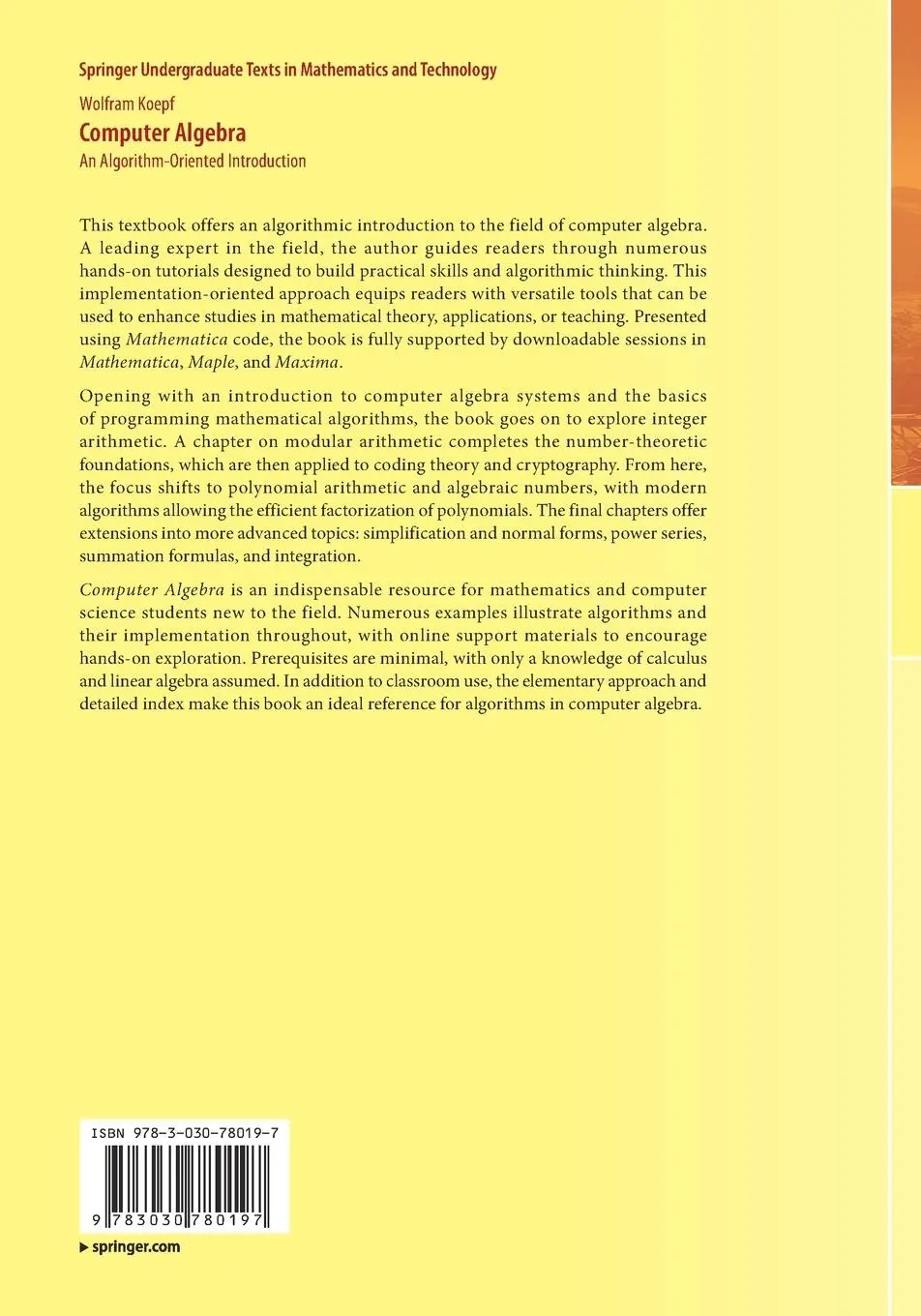 Rückseite: 9783030780197 | Computer Algebra | An Algorithm-Oriented Introduction | Wolfram Koepf