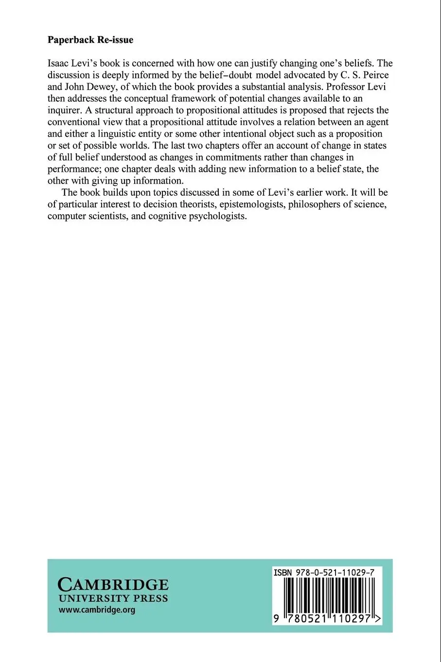 Rückseite: 9780521110297 | The Fixation of Belief and Its Undoing | Isaac Levi (u. a.) | Buch