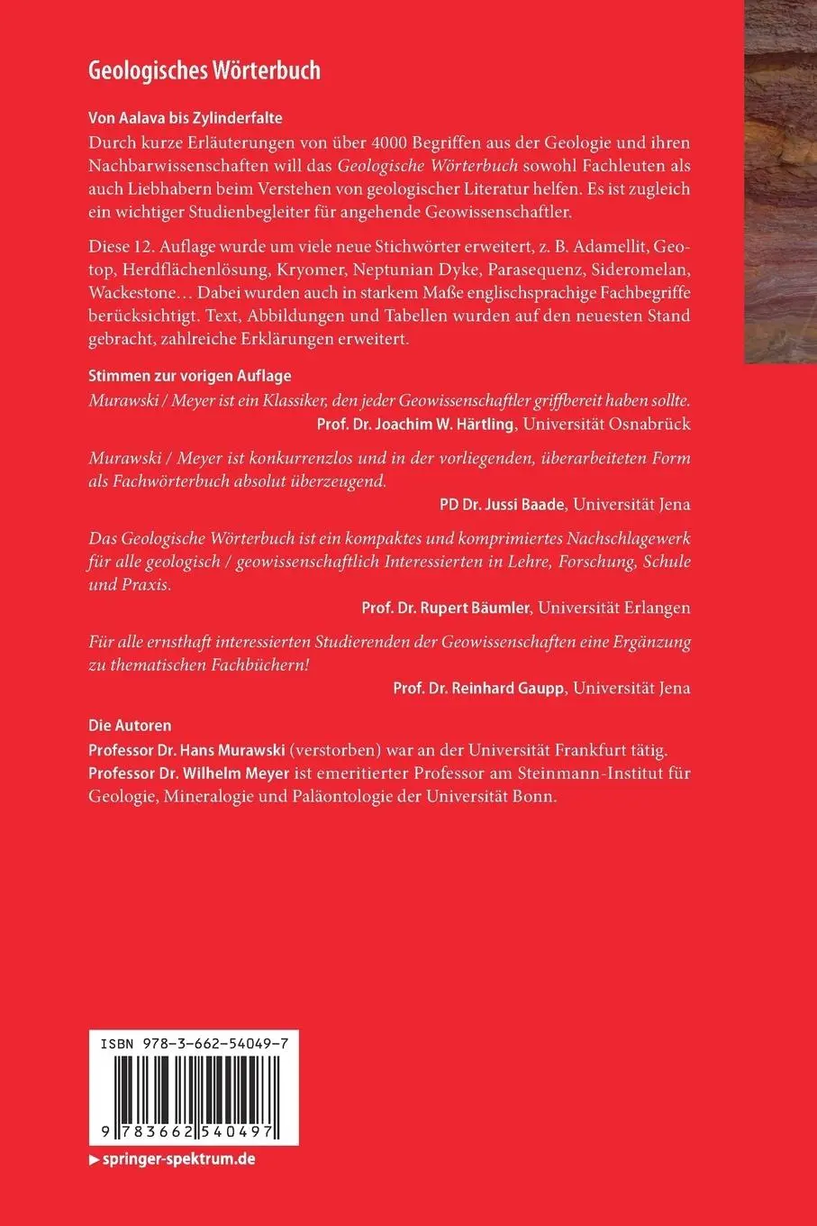 Rückseite: 9783662540497 | Geologisches Wörterbuch | Wilhelm Meyer (u. a.) | Taschenbuch | X