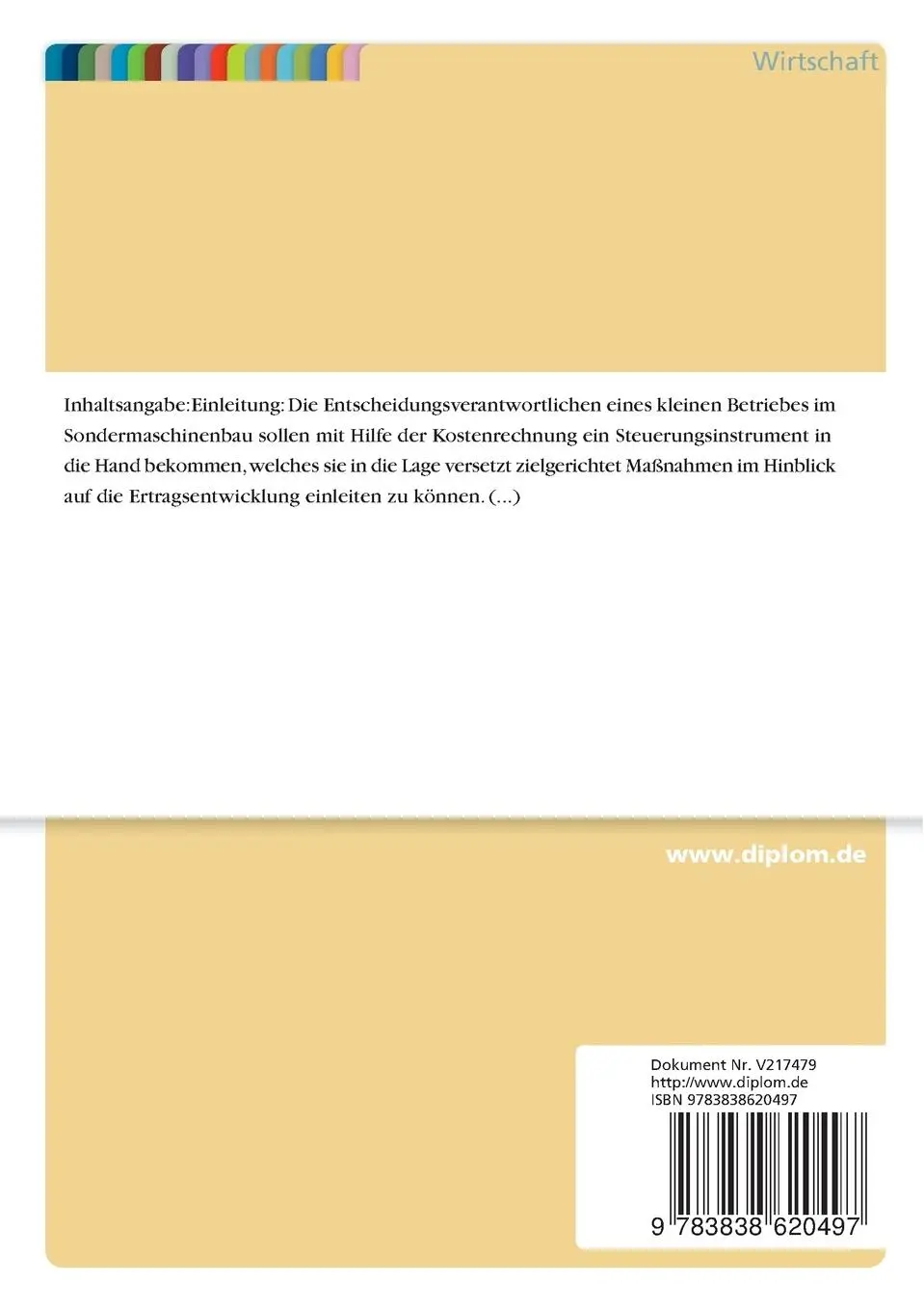 Rückseite: 9783838620497 | Die Kostenrechnung als Steuerungsinstrument im Sondermaschinenbau