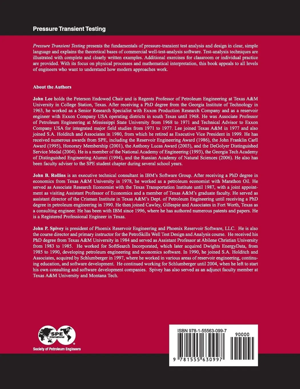 Rückseite: 9781555630997 | Pressure Transient Testing | Textbook 9 | John Rollins (u. a.) | Buch