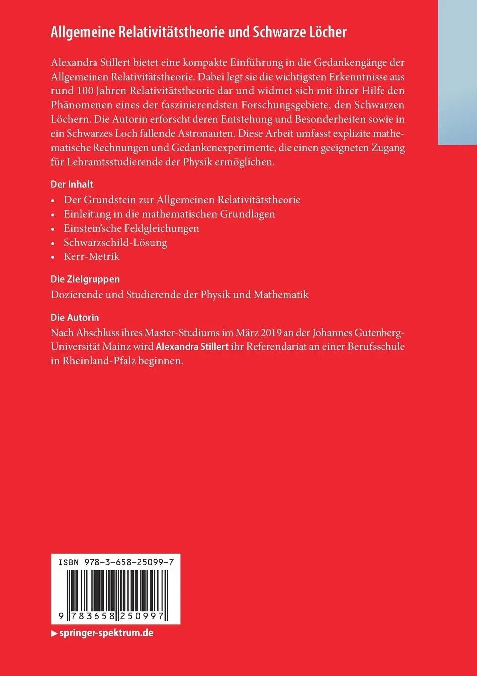 Rückseite: 9783658250997 | Allgemeine Relativitätstheorie und Schwarze Löcher | Stillert | Buch
