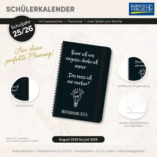 Bild: 9783731890997 | Schülerkalender Merk ich mir 2025/2026 | Verlag Korsch | Taschenbuch
