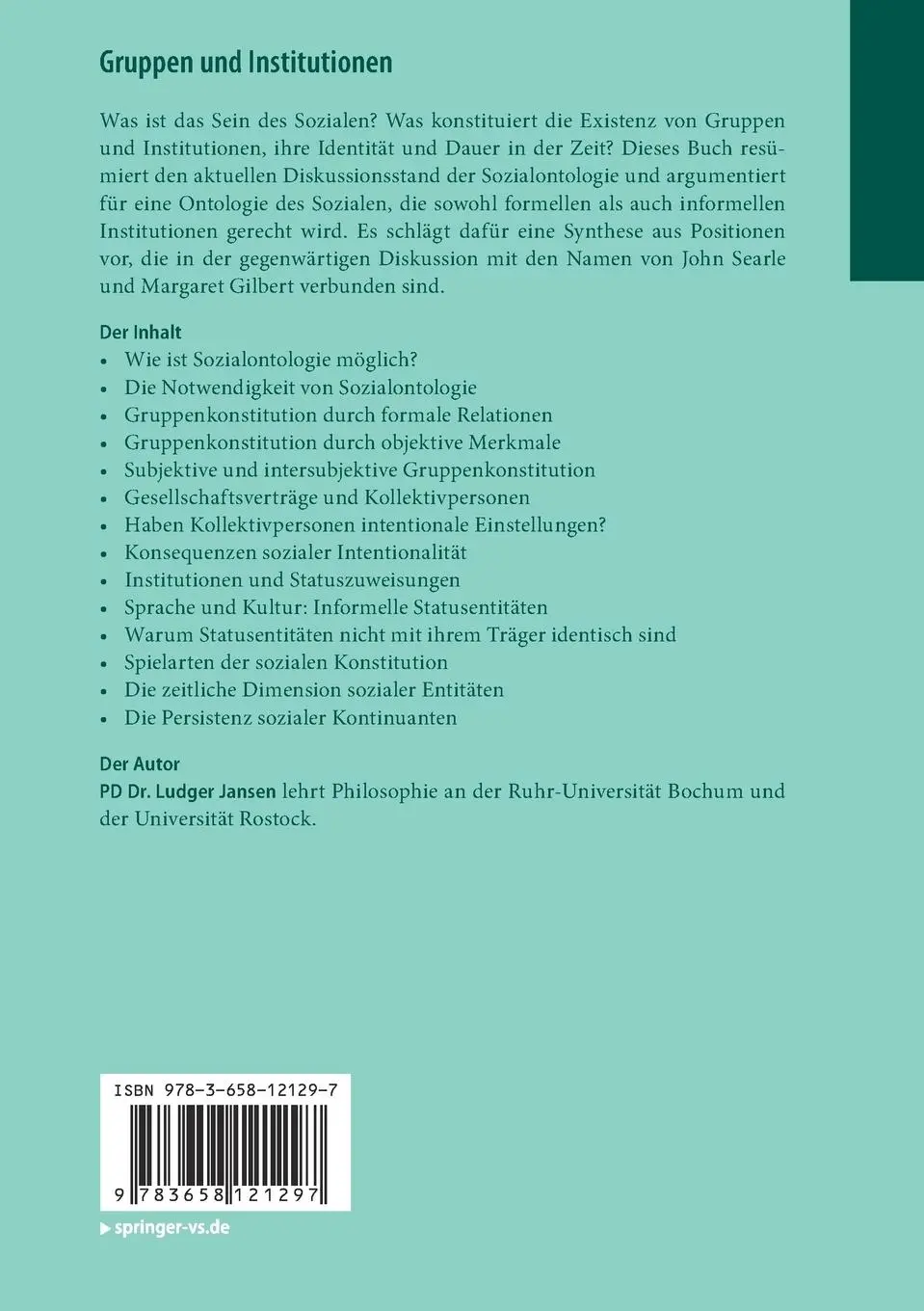 Rückseite: 9783658121297 | Gruppen und Institutionen | Eine Ontologie des Sozialen | Jansen | xiv