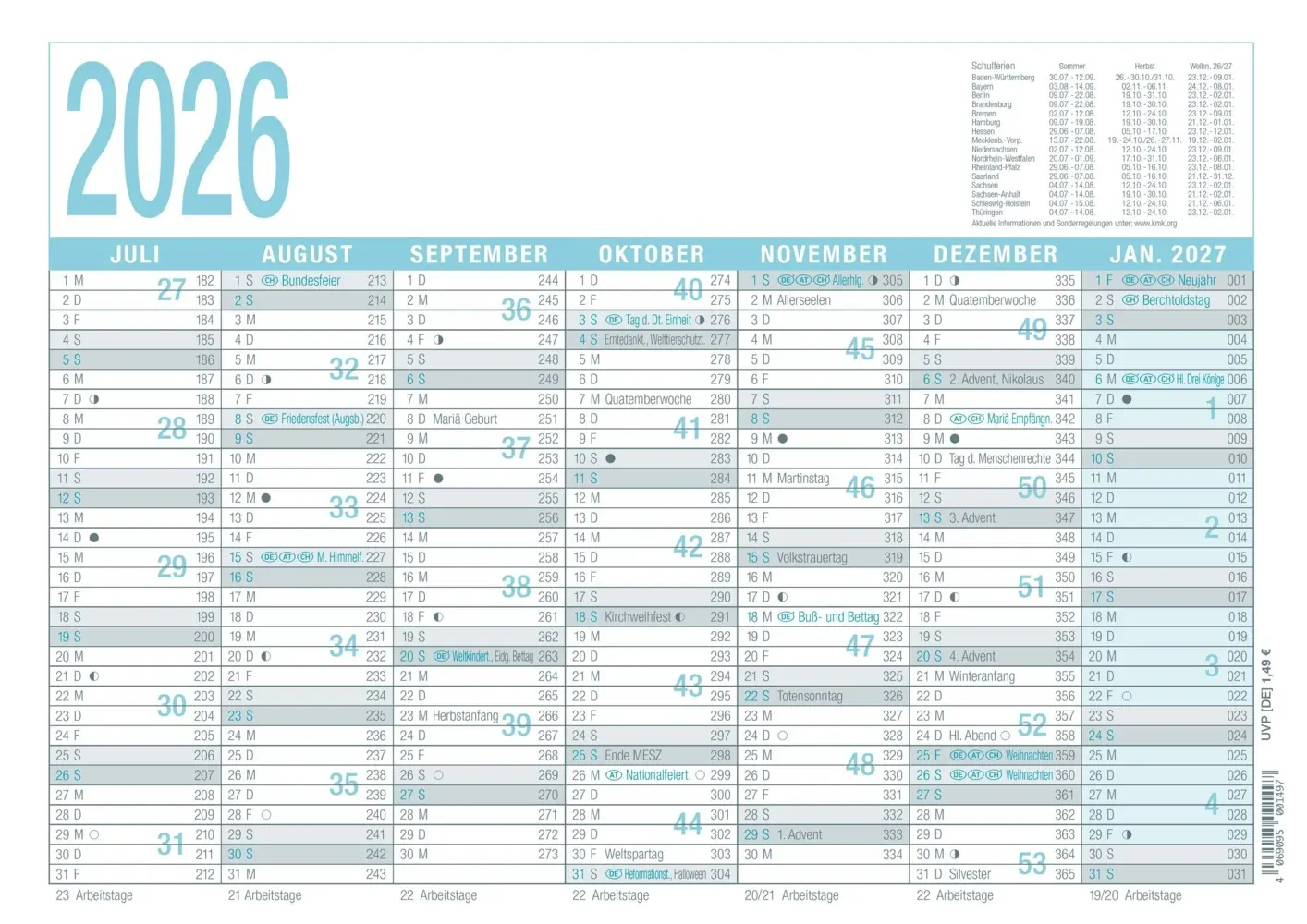 Bild: 4069095001497 | Zettler Arbeitstagekalender grau/türkis A4 2026 - Bürokalender 30 ×...