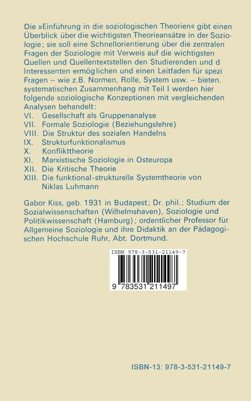 Rückseite: 9783531211497 | Einführung in die soziologischen Theorien II | Gabor Kiss | Buch