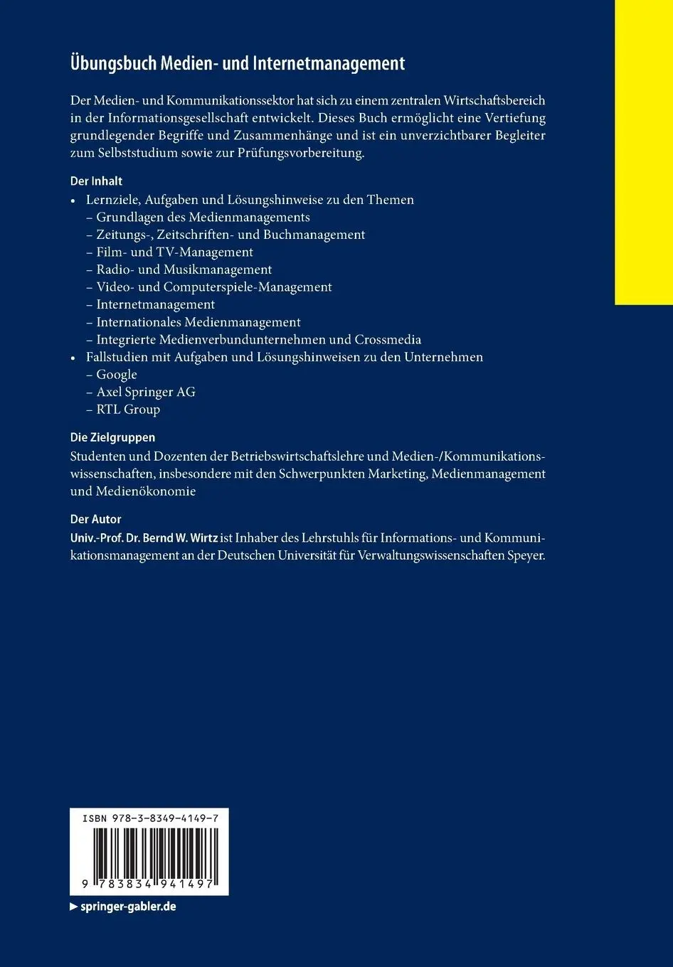Rückseite: 9783834941497 | Übungsbuch Medien- und Internetmanagement | Bernd W. Wirtz | Buch | xv