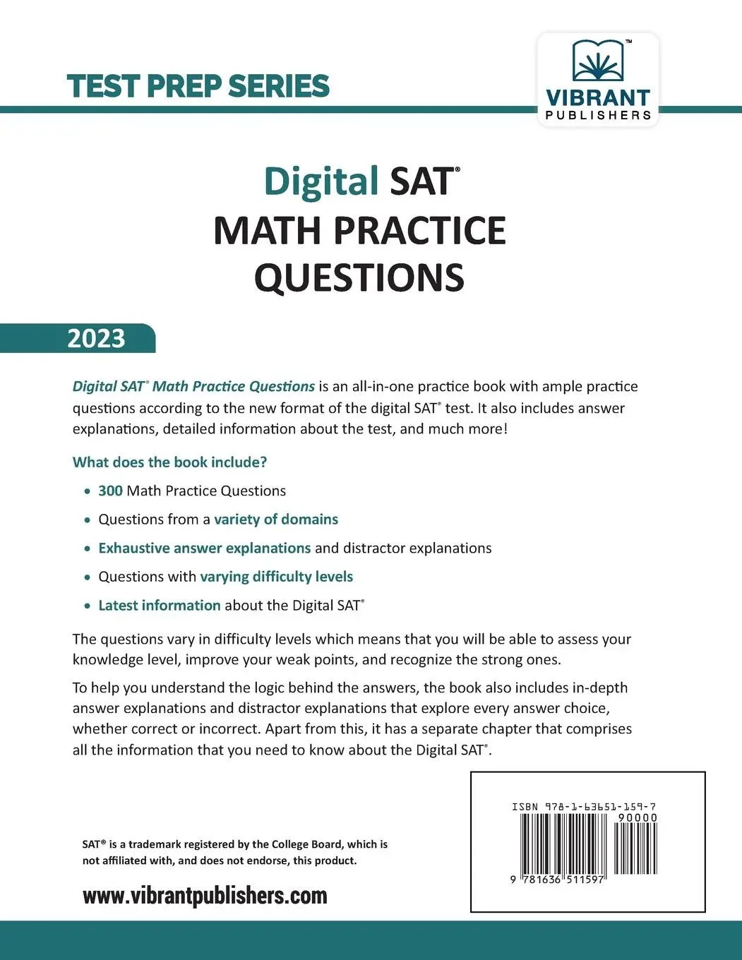 Rückseite: 9781636511597 | Digital SAT Math Practice Questions | Vibrant Publishers | Taschenbuch