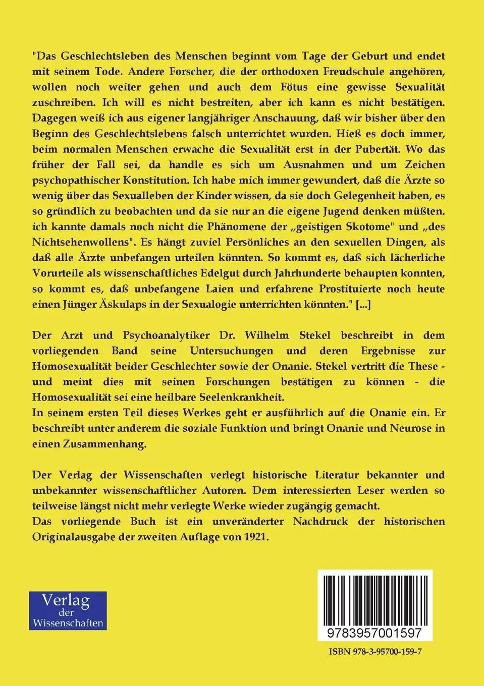 Rückseite: 9783957001597 | Onanie und Homosexualität | Die homosexuelle Neurose | Wilhelm Stekel
