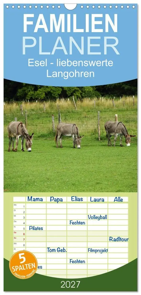 Cover: 9783594331897 | Familienplaner 2027 - Esel - liebenswerte Langohren mit 5 Spalten...