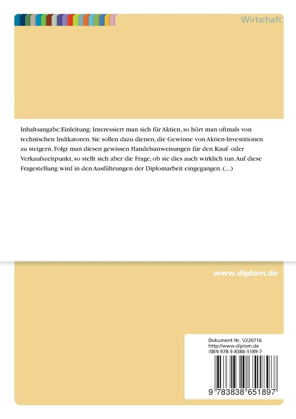 Rückseite: 9783838651897 | Vier wichtige Aktienanalyse-Indikatoren in der Chartanalyse | Buch