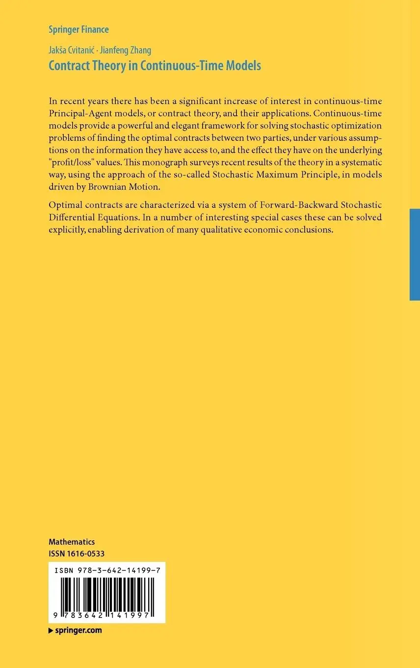 Rückseite: 9783642141997 | Contract Theory in Continuous-Time Models | Jianfeng Zhang (u. a.)