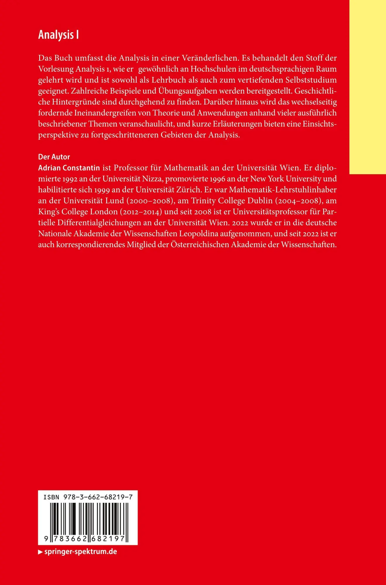 Rückseite: 9783662682197 | Analysis I | Adrian Constantin | Taschenbuch | xvi | Deutsch | 2024