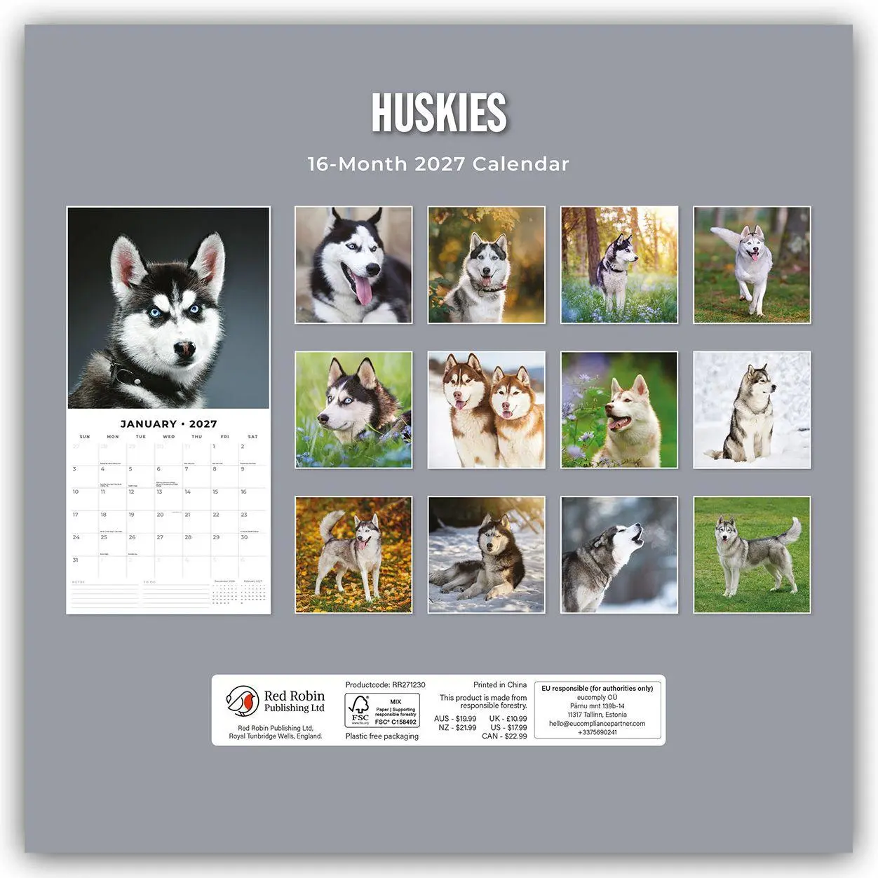 Rückseite: 9781837012497 | Huskies - Husky - Huskys 2027 - 16-Monatskalender | Robin Red | 28 S.