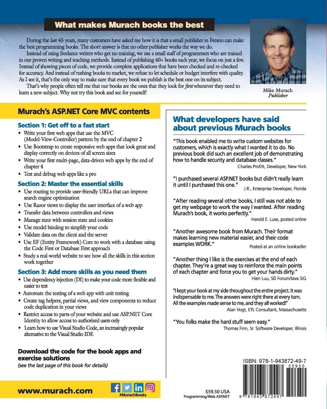 Rückseite: 9781943872497 | Murach's ASP.NET Core MVC | Joel Murach (u. a.) | Taschenbuch | 2020