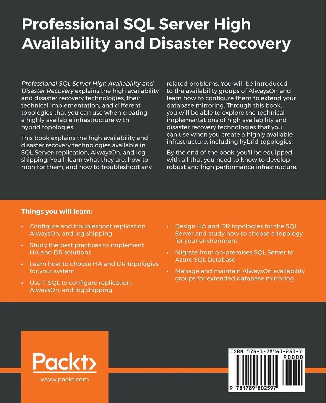 Rückseite: 9781789802597 | Professional SQL Server High Availability and Disaster Recovery | Buch