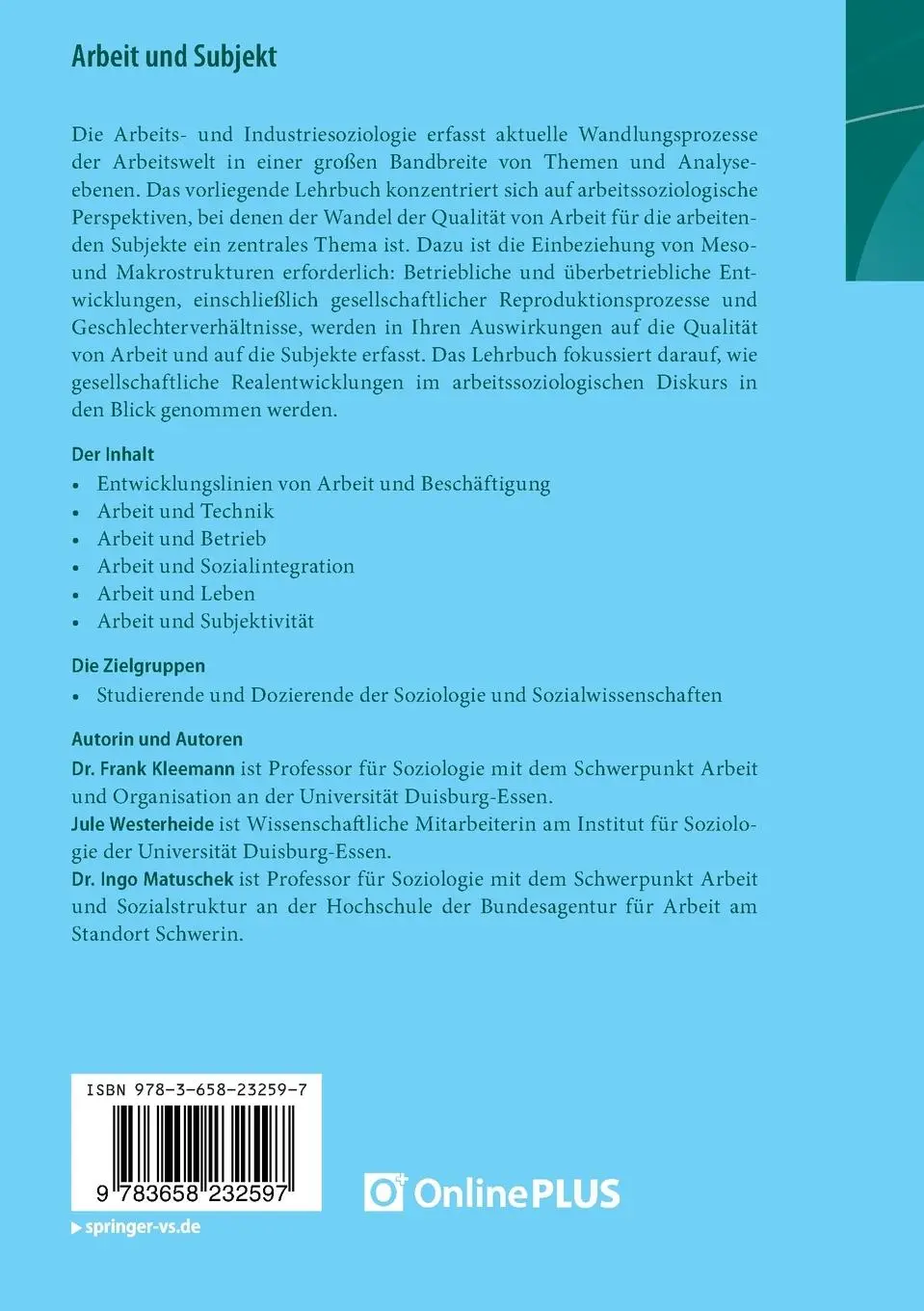 Rückseite: 9783658232597 | Arbeit und Subjekt | Aktuelle Debatten der Arbeitssoziologie | Buch