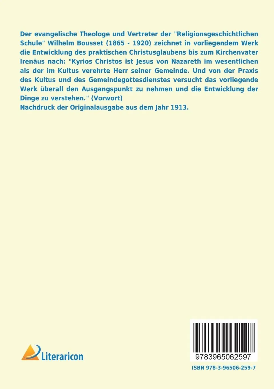 Rückseite: 9783965062597 | Kyrios Christos | Johann Franz Wilhelm Bousset | Taschenbuch | 504 S.