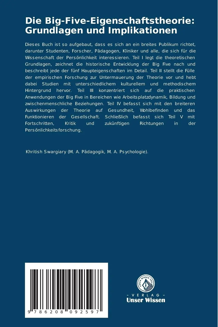 Rückseite: 9786208092597 | Die Big-Five-Eigenschaftstheorie: Grundlagen und Implikationen | Buch