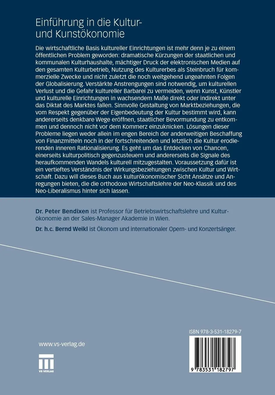Rückseite: 9783531182797 | Einführung in die Kultur- und Kunstökonomie | Peter Bendixen (u. a.)