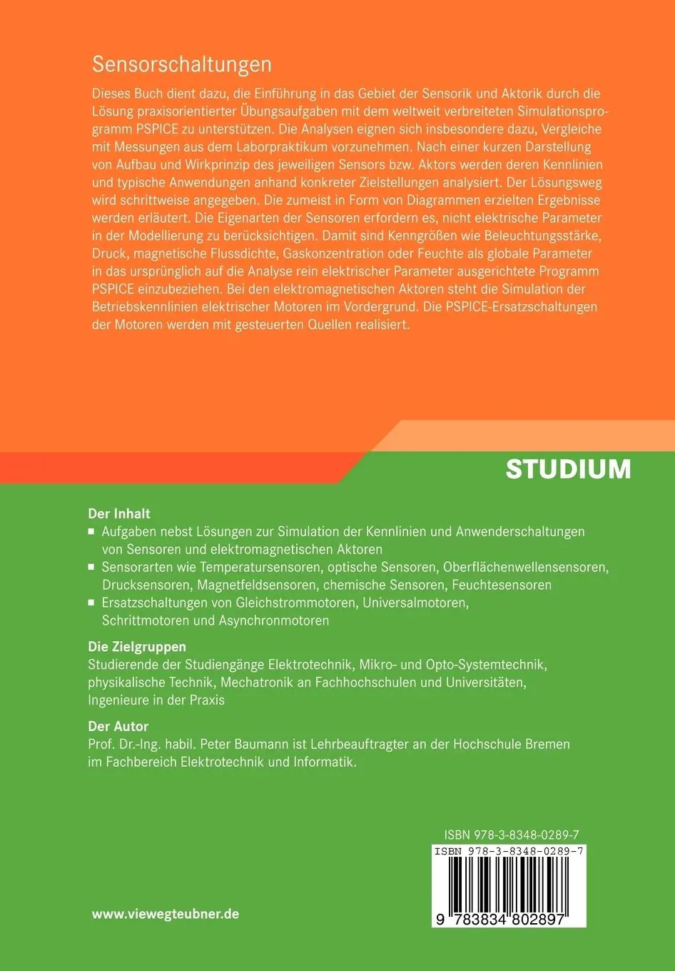 Rückseite: 9783834802897 | Sensorschaltungen | Simulation mit PSPICE | Peter Baumann | Buch | xvi