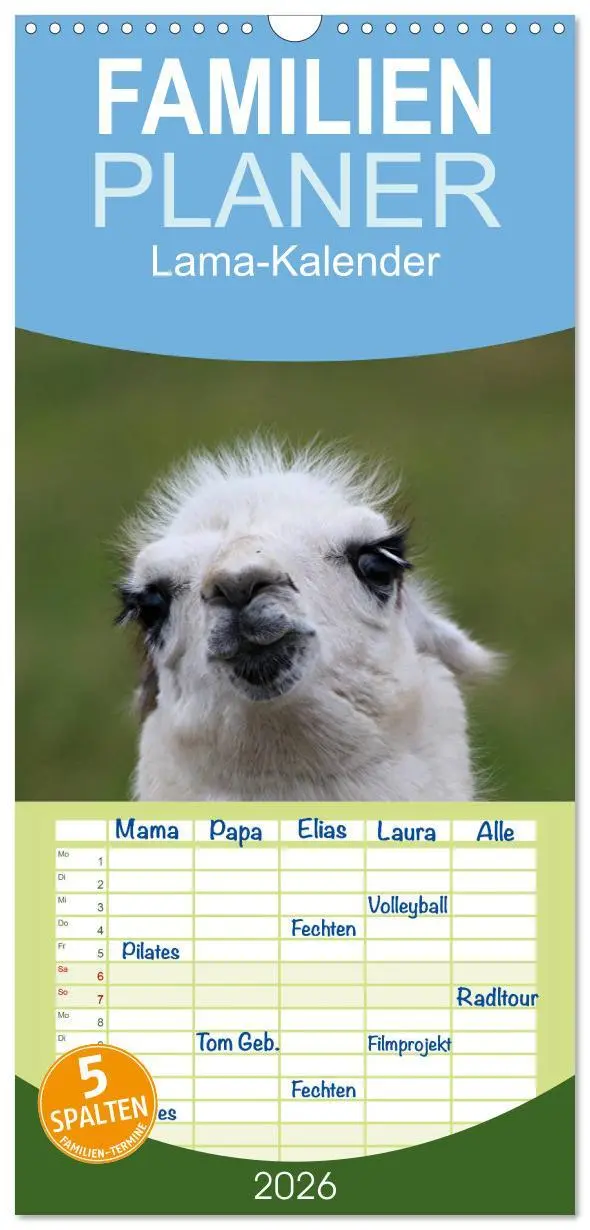 Cover: 9783516513097 | Familienplaner 2026 - Lama-Kalender mit 5 Spalten (Wandkalender, 21...