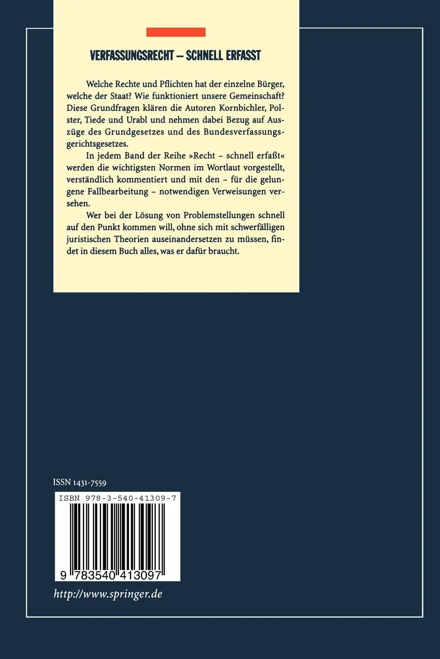 Rückseite: 9783540413097 | Verfassungsrecht | Schnell erfaßt | Hendrik Kornbichler (u. a.) | Buch