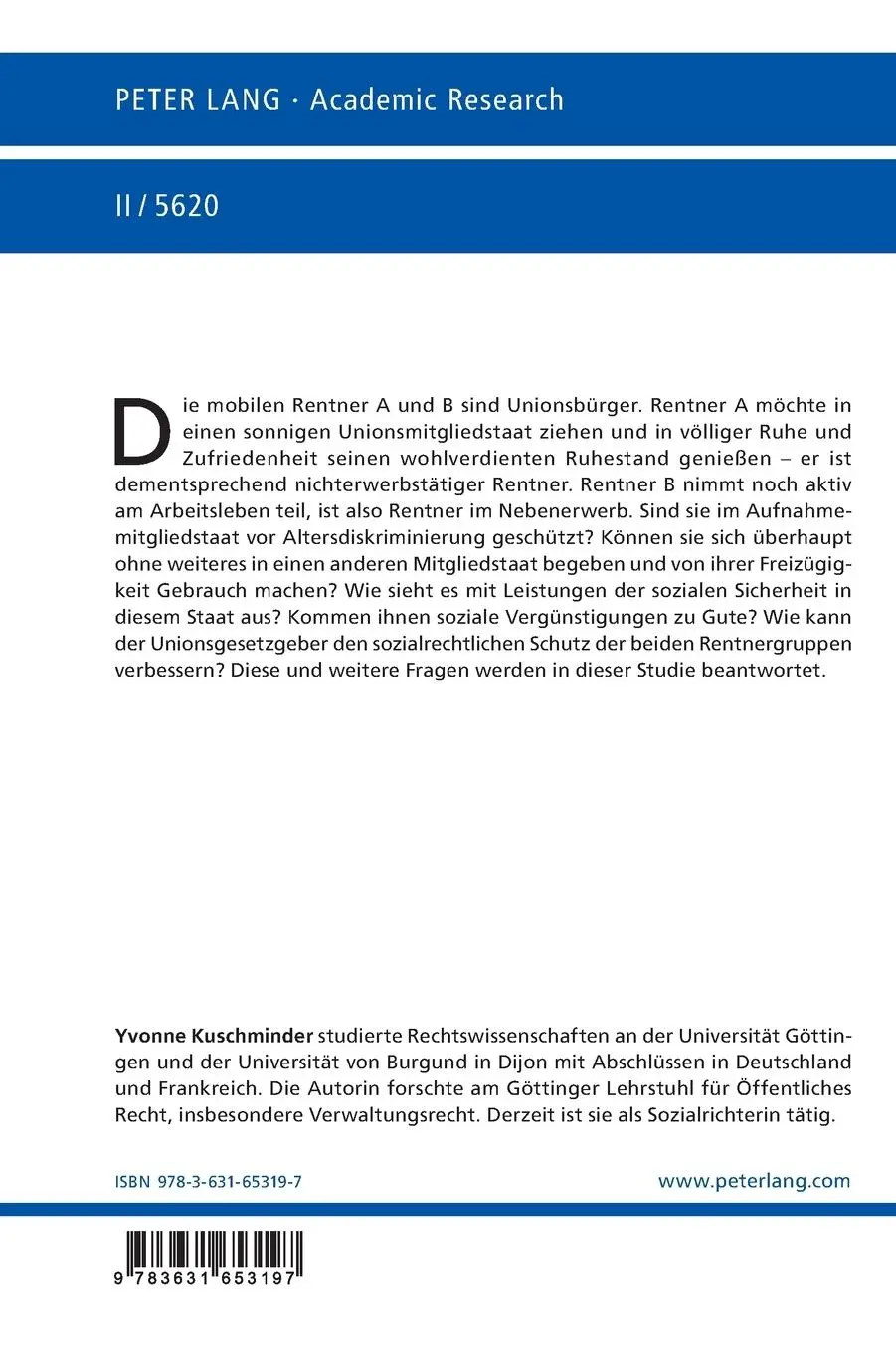 Rückseite: 9783631653197 | Der sozialrechtliche Schutz von Rentnern im europäischen Sekundärrecht