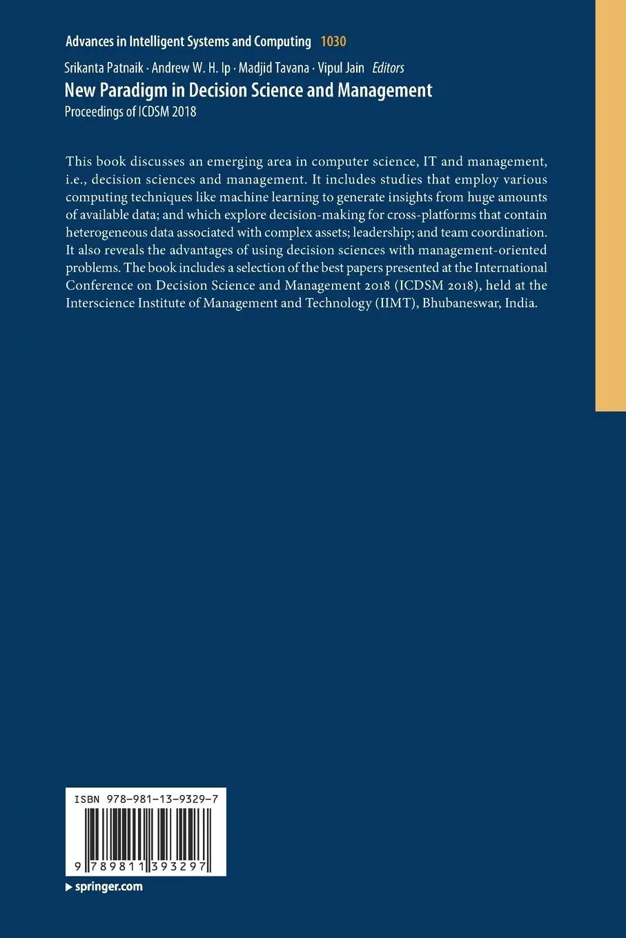 Rückseite: 9789811393297 | New Paradigm in Decision Science and Management | Patnaik (u. a.)