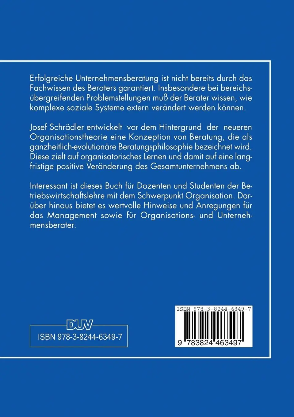 Rückseite: 9783824463497 | Unternehmensberatung aus organisationstheoretischer Sicht | Schrädler