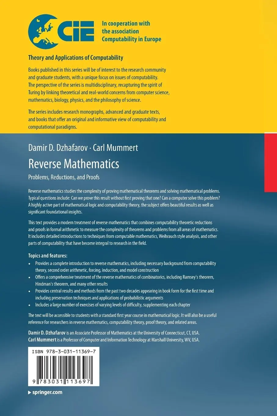 Rückseite: 9783031113697 | Reverse Mathematics | Problems, Reductions, and Proofs | Taschenbuch