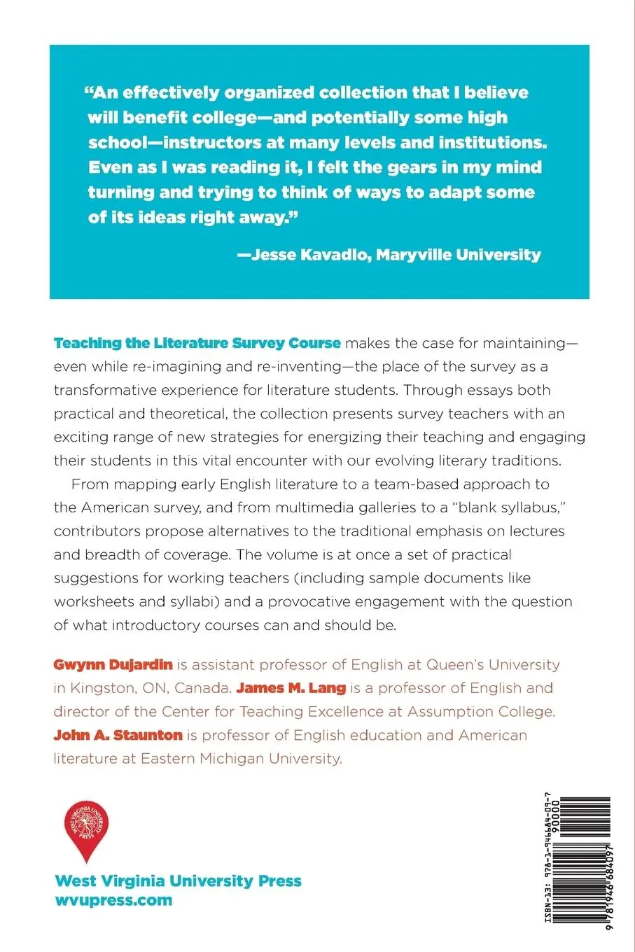 Rückseite: 9781946684097 | Teaching the Literature Survey Course | James M Lang (u. a.) | Buch