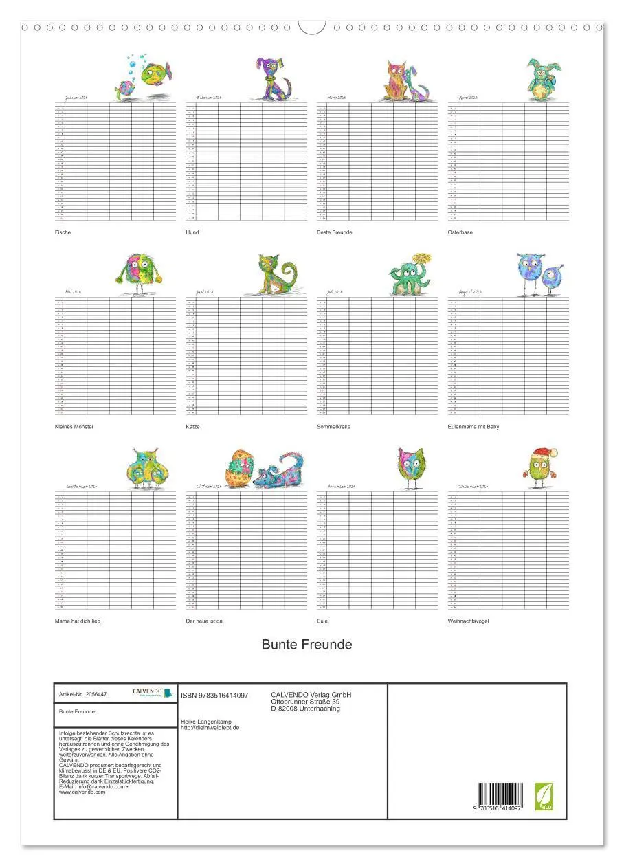 Bild: 9783516414097 | Bunte Freunde (Wandkalender 2026 DIN A2 hoch), CALVENDO Monatskalender