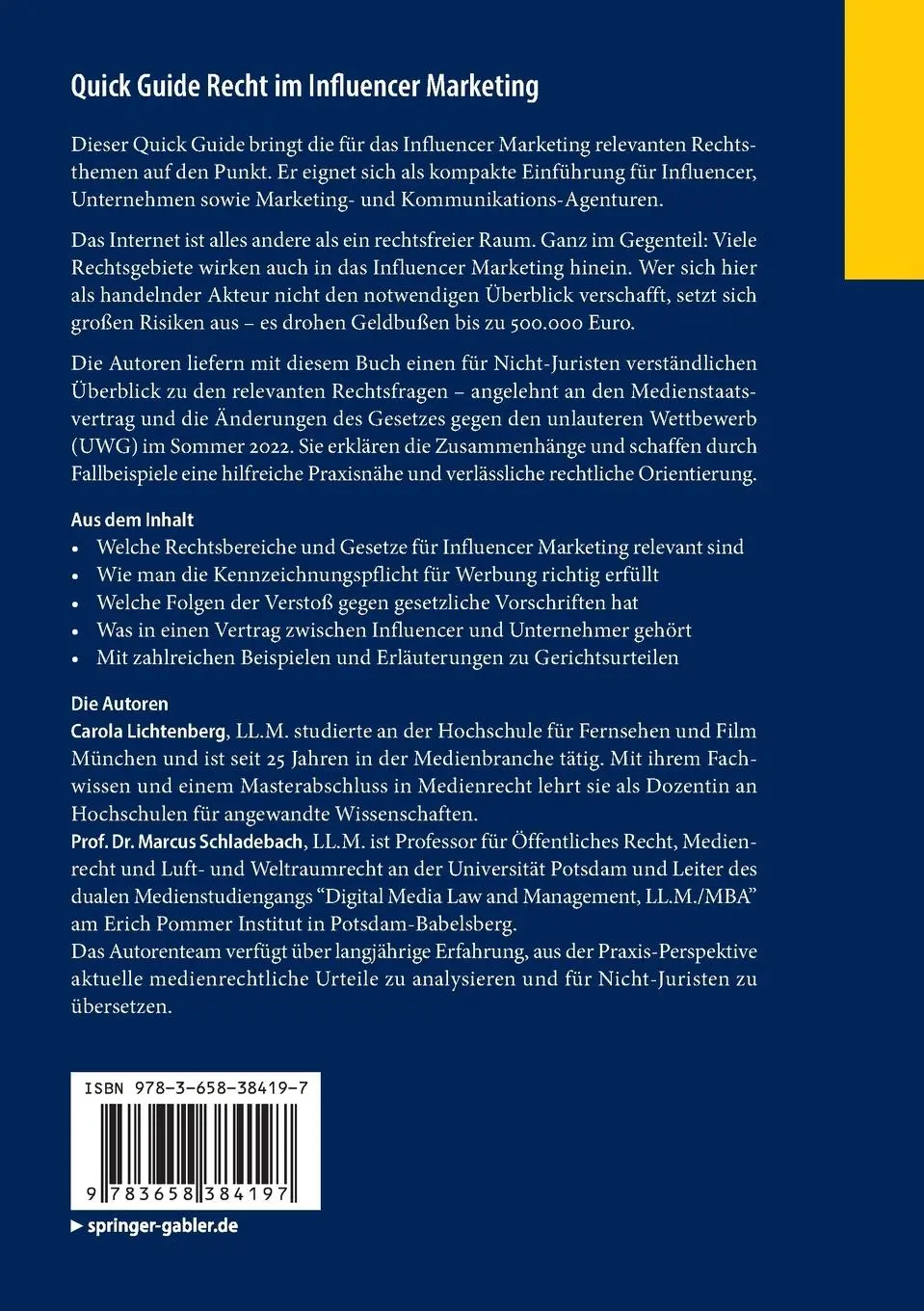 Rückseite: 9783658384197 | Quick Guide Recht im Influencer Marketing | Marcus Schladebach (u. a.)