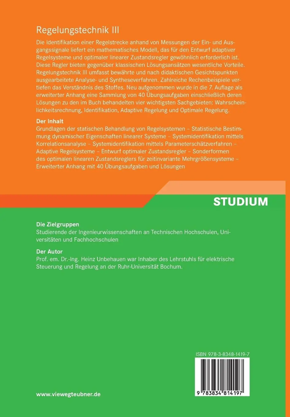 Rückseite: 9783834814197 | Regelungstechnik III | Identifikation, Adaption, Optimierung | Buch
