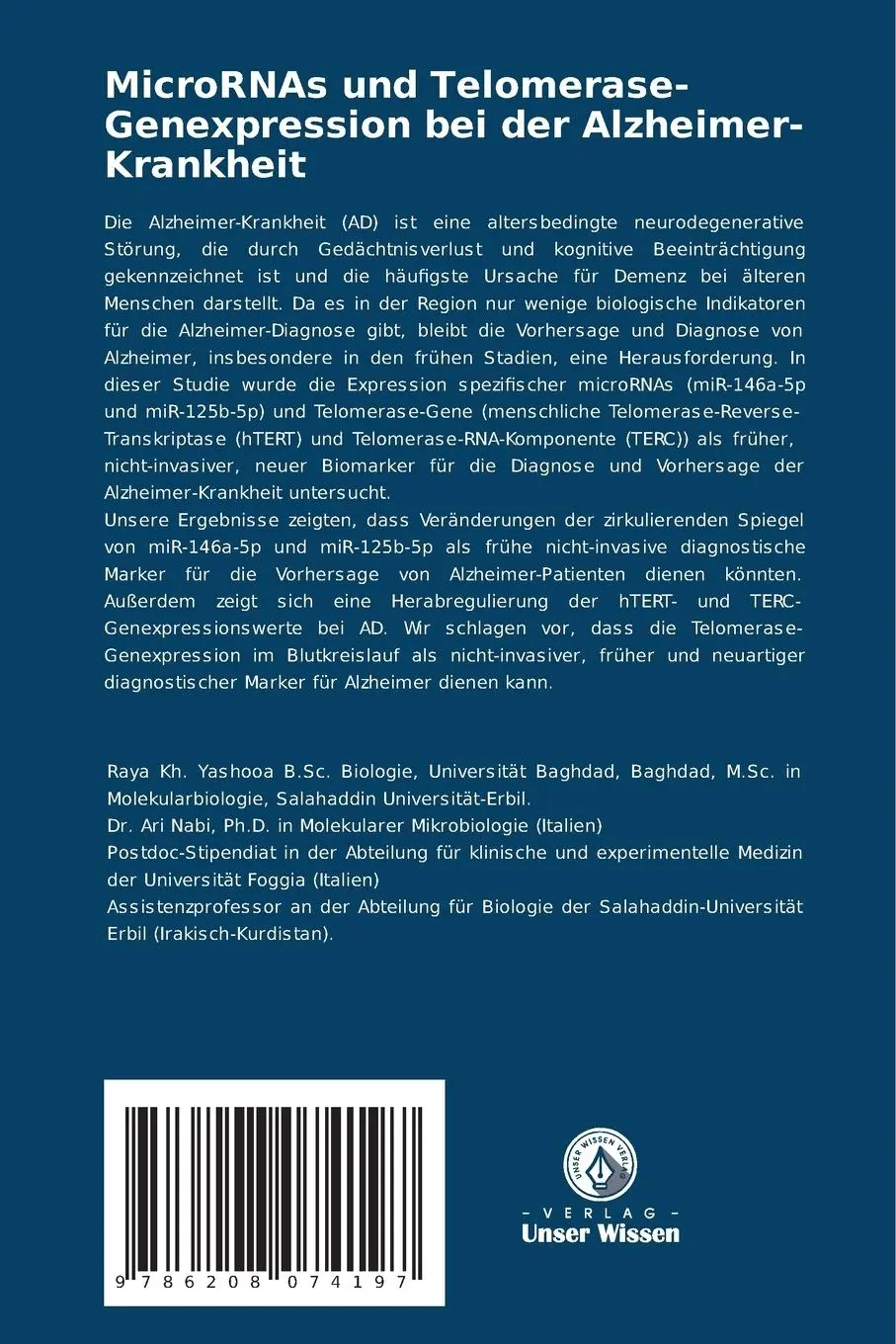 Rückseite: 9786208074197 | MicroRNAs und Telomerase-Genexpression bei der Alzheimer-Krankheit