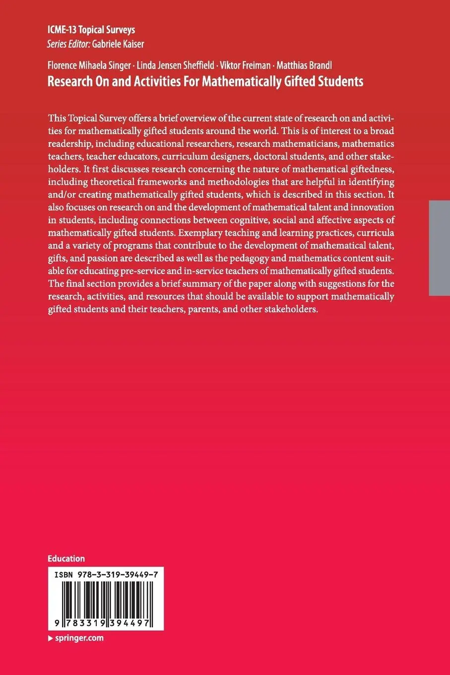 Rückseite: 9783319394497 | Research On and Activities For Mathematically Gifted Students | Buch
