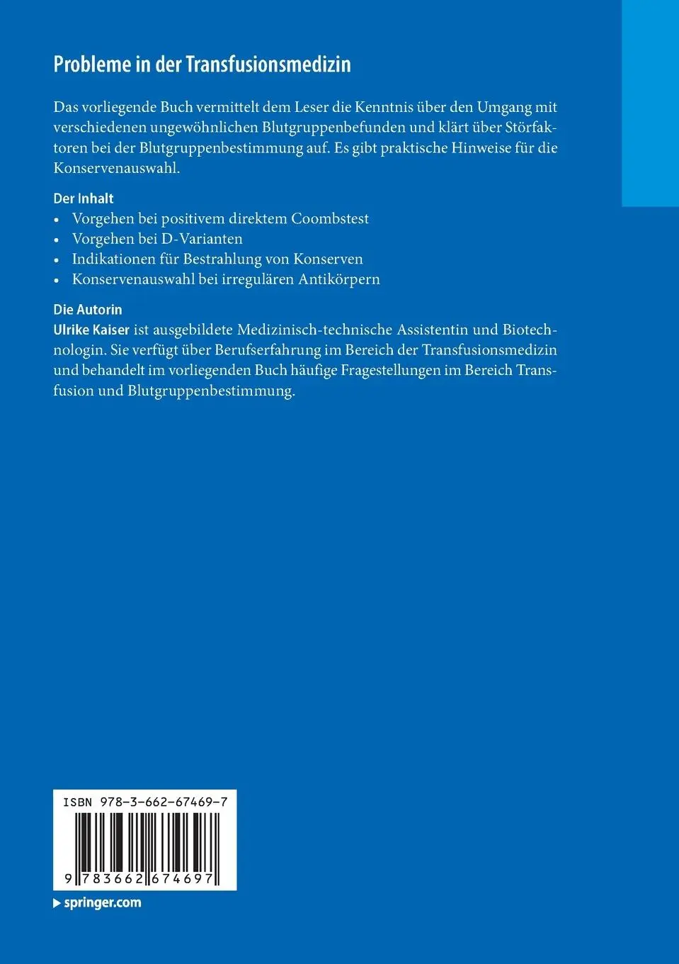 Rückseite: 9783662674697 | Probleme in der Transfusionsmedizin | Ulrike Kaiser | Taschenbuch | x