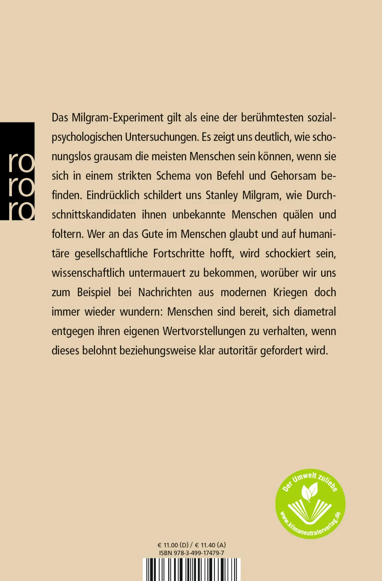 Rückseite: 9783499174797 | Das Milgram - Experiment | Stanley Milgram | Taschenbuch | 256 S.